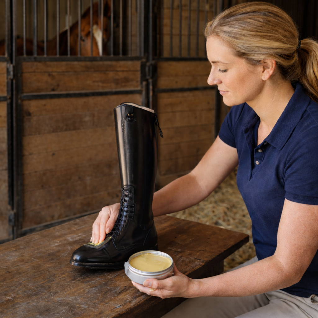 Woman applying leather balm to a black boot in a stable setting
